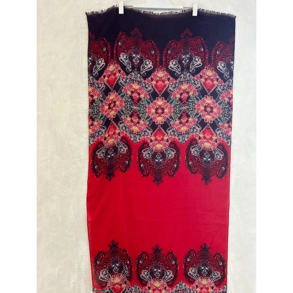 Bohemian Red‎ Paisley Medallion Print Scarf with Eyelash Fringe Trim 70x27